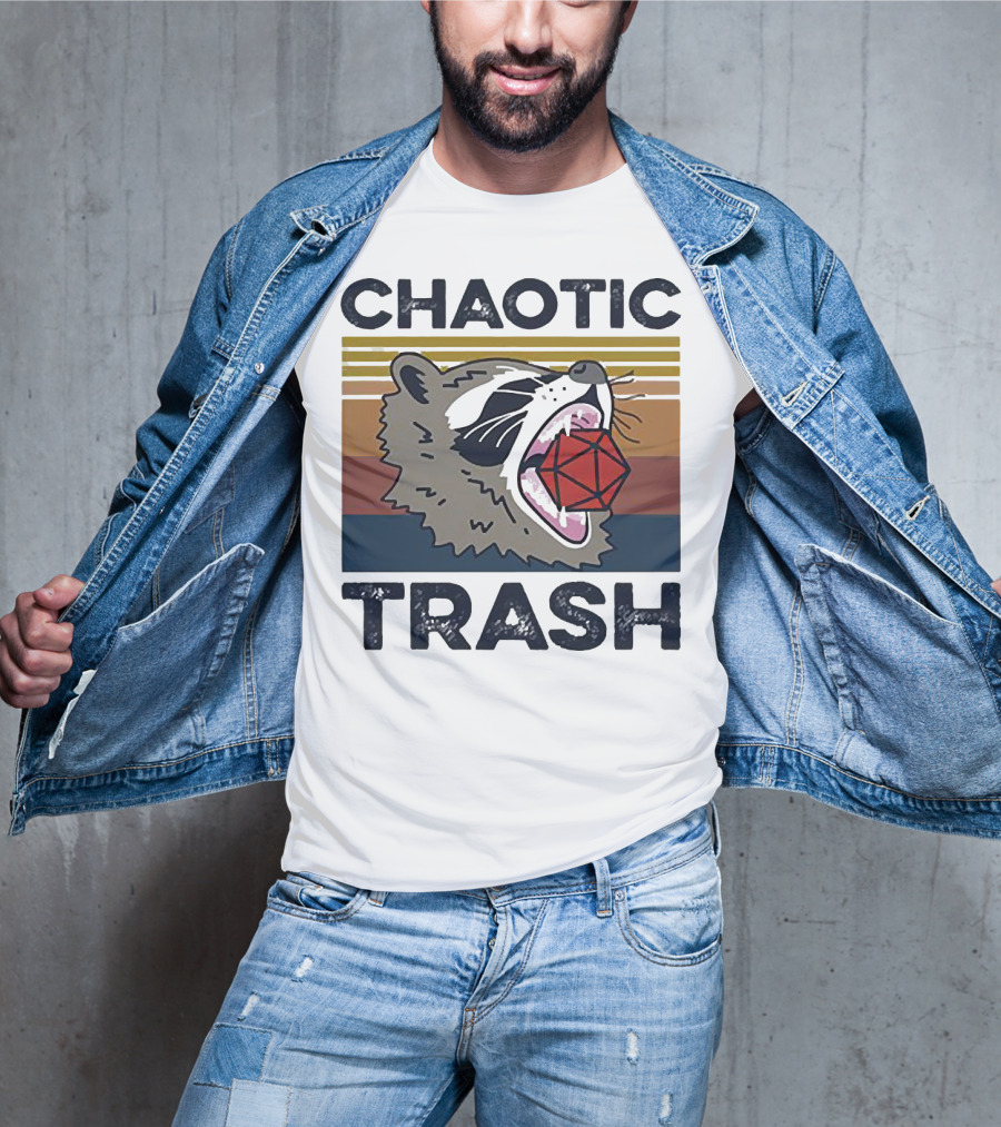 Chaotic Trash Game Raccoon D20 Dice Retro Stripes T-Shirt