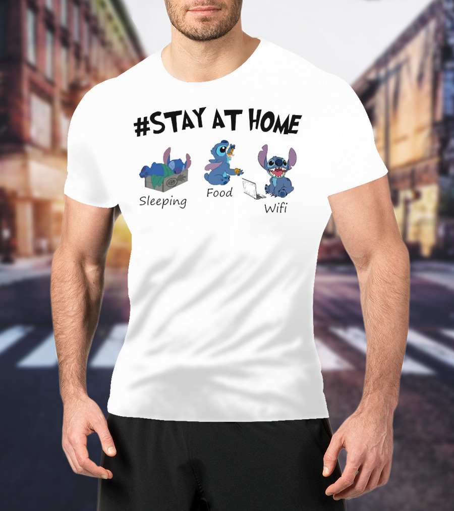 Stay At Home Sleeping Food Wifi Stitch T-Shirt