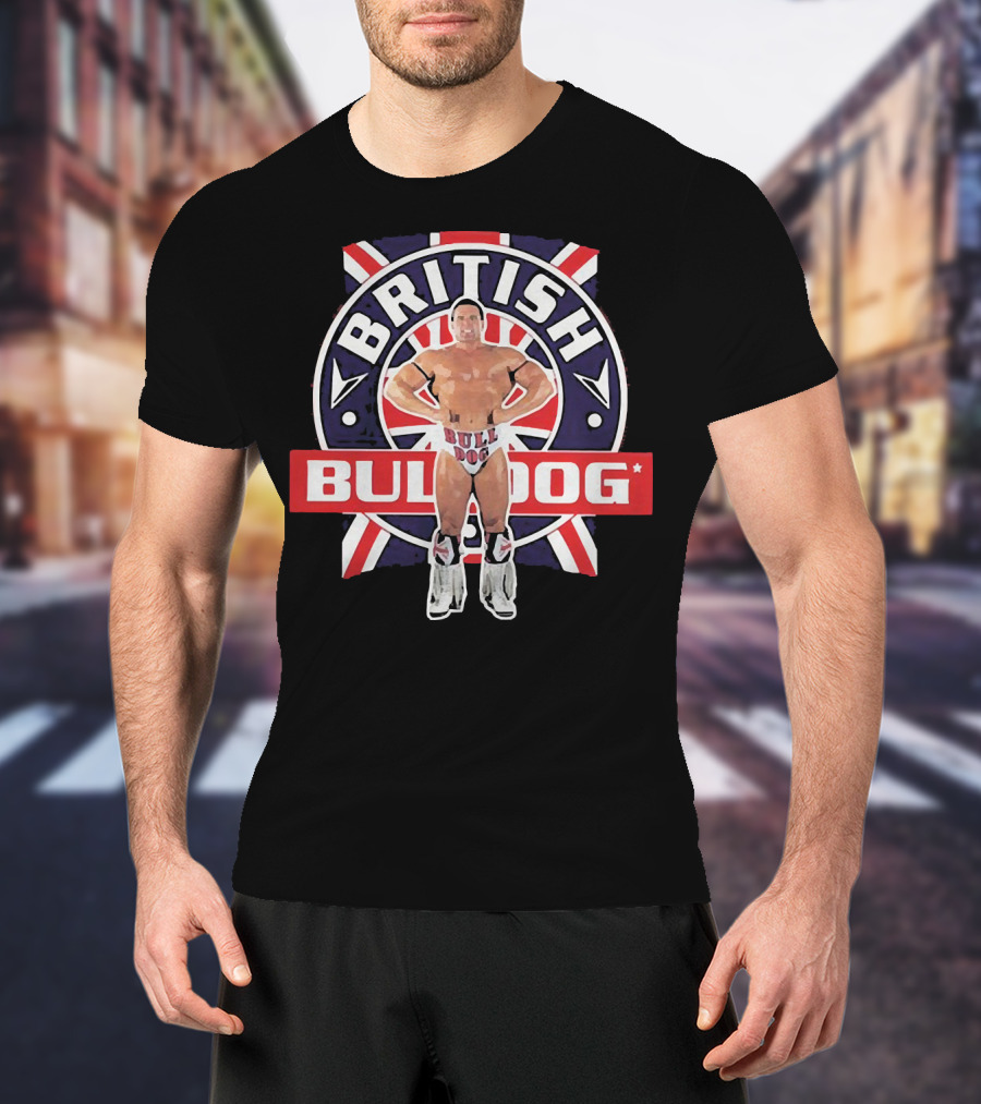 British Bulldog Wrestler With Union Jack Background T-Shirt