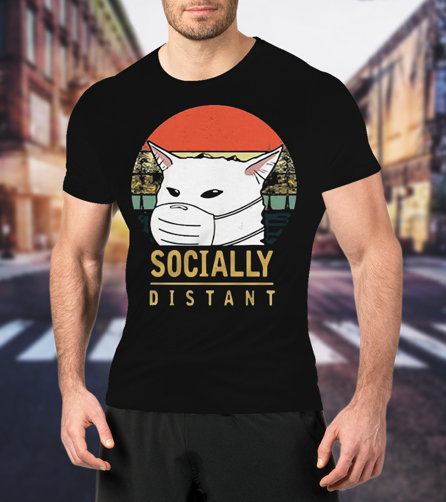 Socially Distant Cat White Masked Sunset T-Shirt