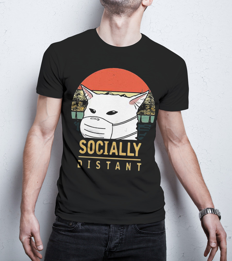 Socially Distant Cat White Masked Sunset T-Shirt