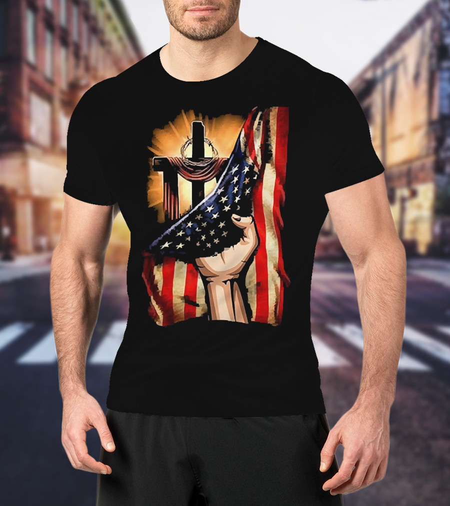 Jesus God American Flag Cross And Hand Inside Me T-Shirt