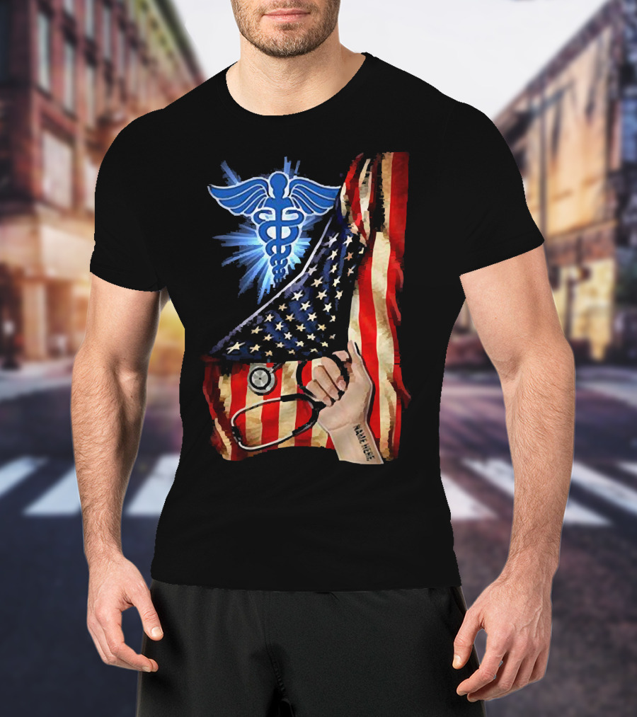 Nurse America Flag Caduceus Tattoo Stethoscope T-Shirt