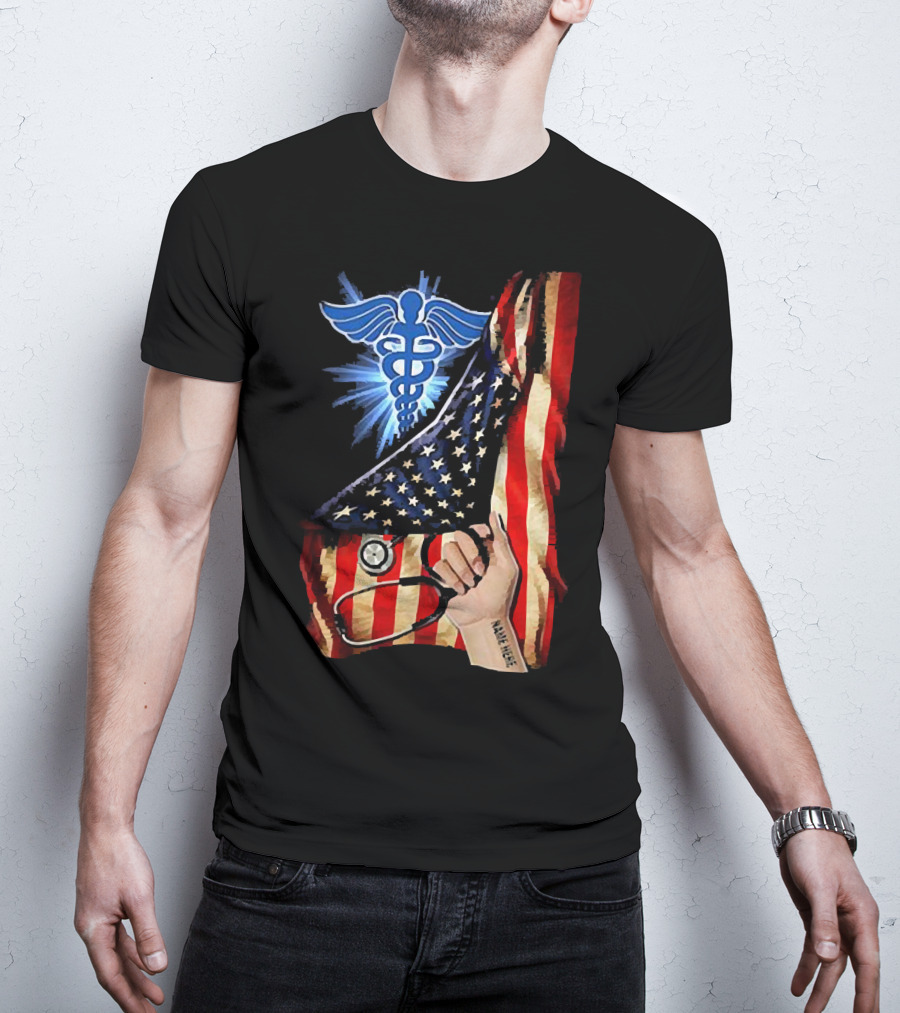 Nurse America Flag Caduceus Tattoo Stethoscope T-Shirt