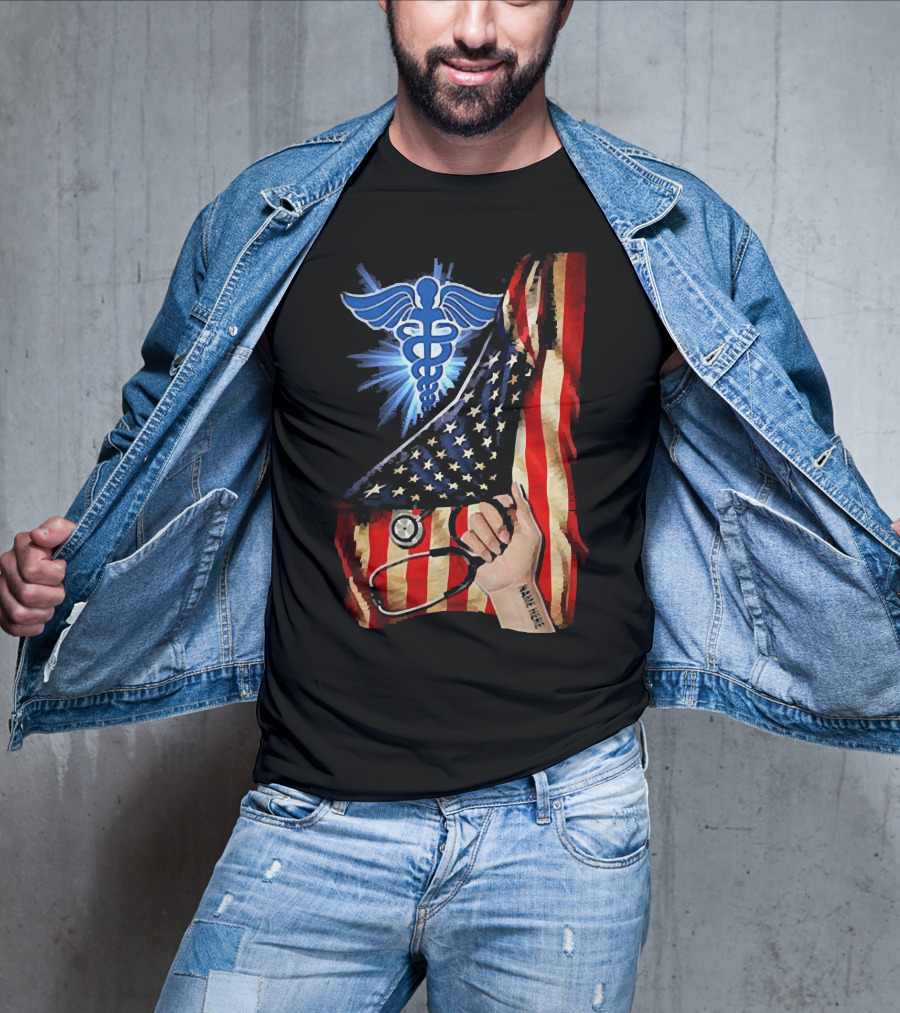 Nurse America Flag Caduceus Tattoo Stethoscope T-Shirt
