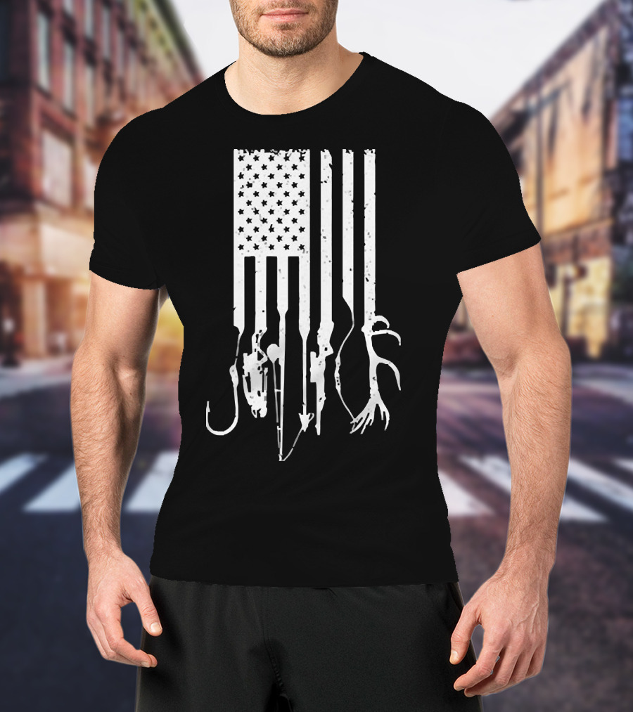 American Flag With Fishing Hooks And Hunting Gear T-Shirt