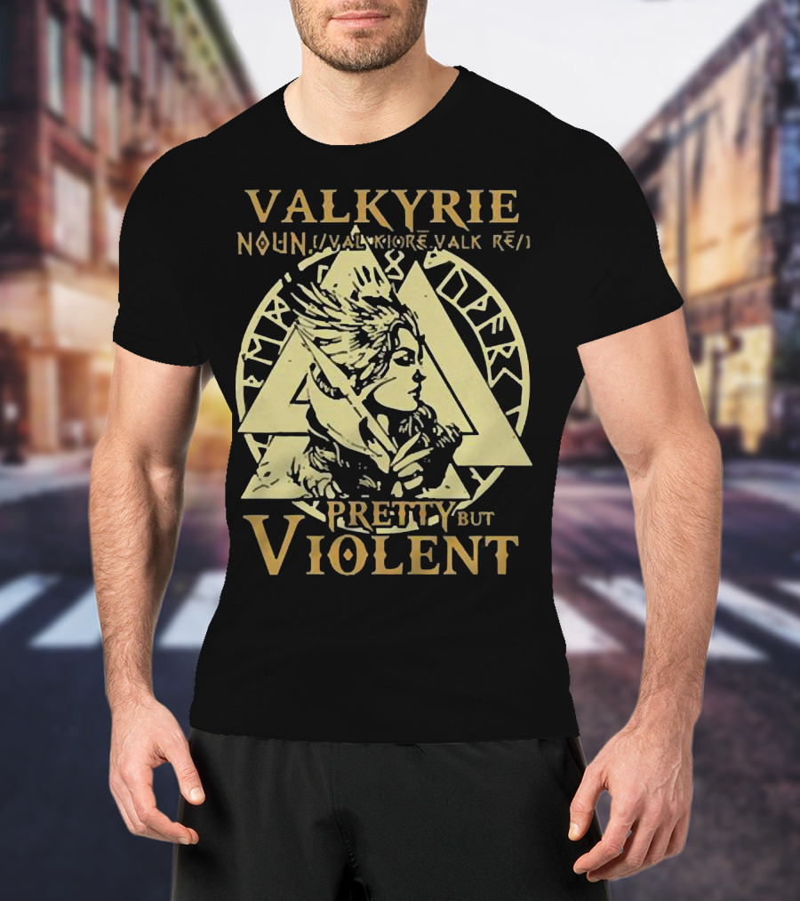 Valkyrie Noun Pretty But Violent With Norse Runes Background T-Shirt