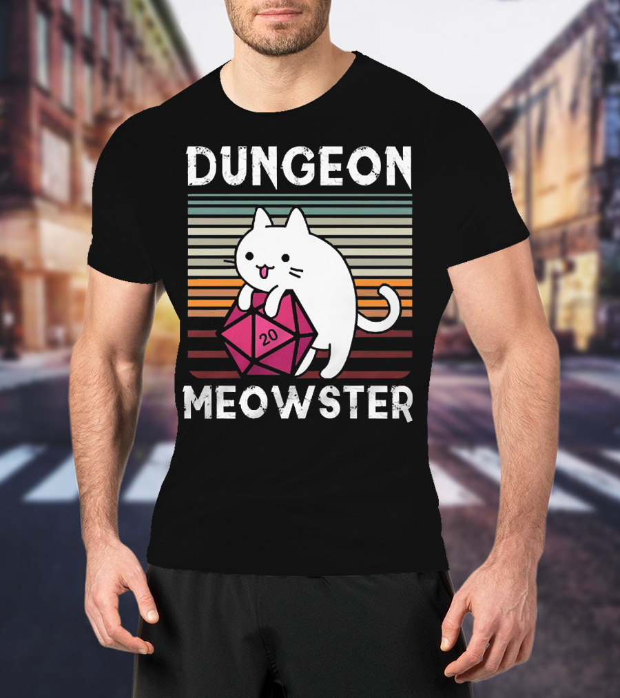 Dungeon Meowster Retro Vintage Cat Lover 20 Sided Dice T-Shirt