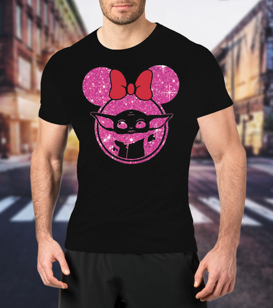 Baby Yoda Glitter Minnie Mouse Ears Red Bow T-Shirt