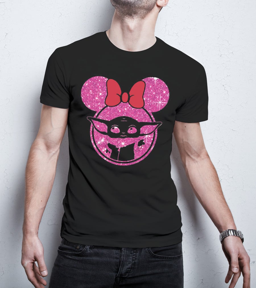 Baby Yoda Glitter Minnie Mouse Ears Red Bow T-Shirt