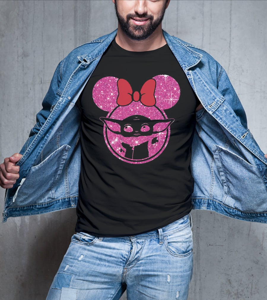 Baby Yoda Glitter Minnie Mouse Ears Red Bow T-Shirt
