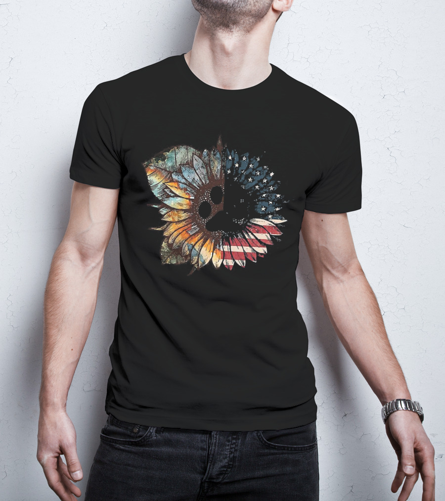 Great Vintage Sunflower American Flag Patriotic Floral T-Shirt