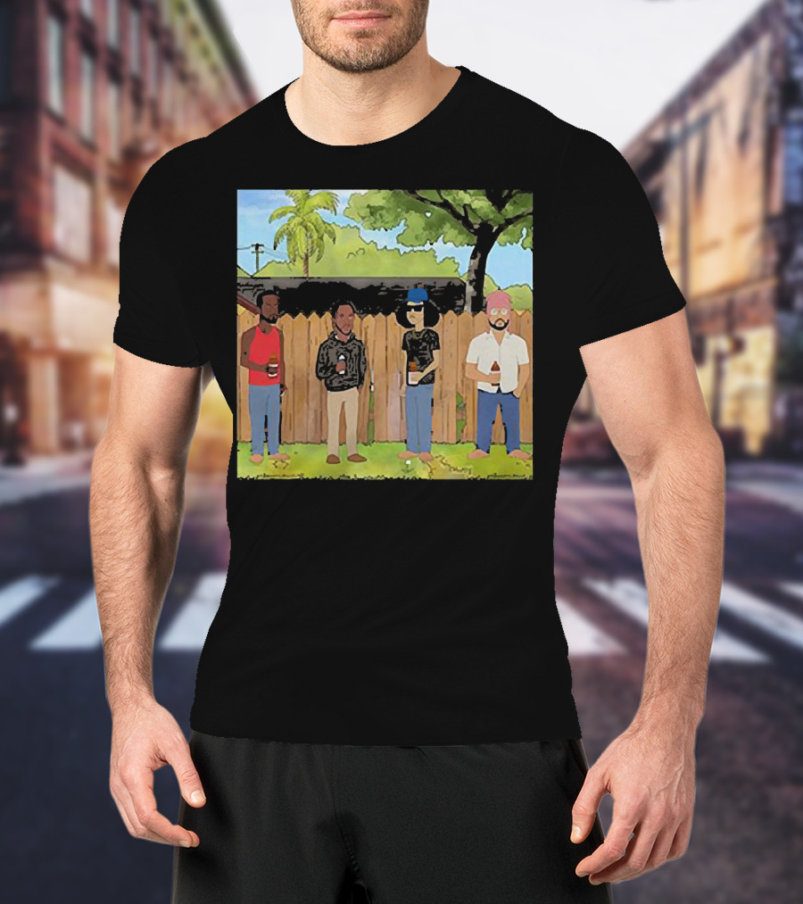 King Of The Hill Treatment With Four Men By Fence With Beverages And Trees T-Shirt
