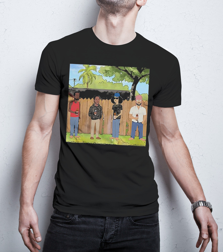 King Of The Hill Treatment With Four Men By Fence With Beverages And Trees T-Shirt