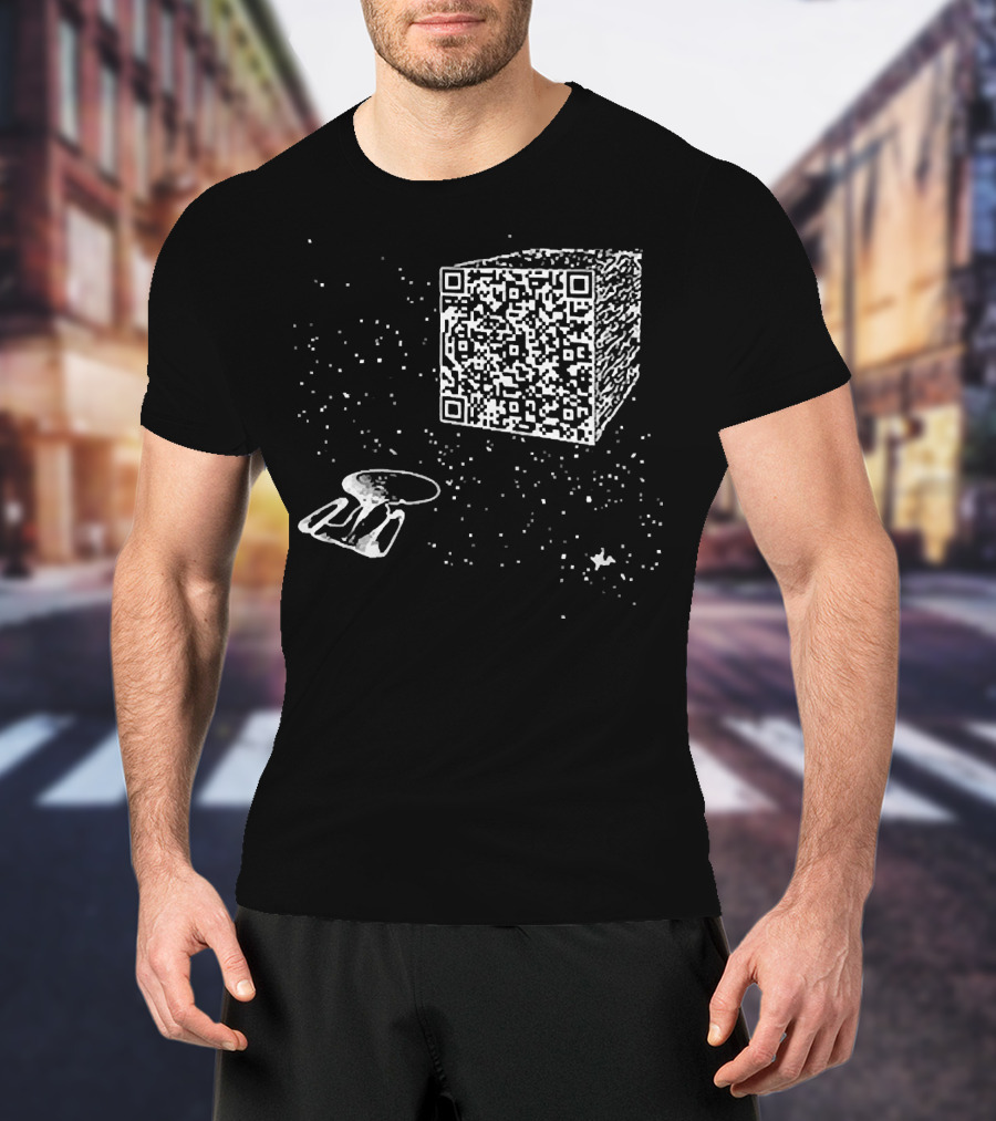 Scan QR Code Spaceship And Cube In Space T-Shirt
