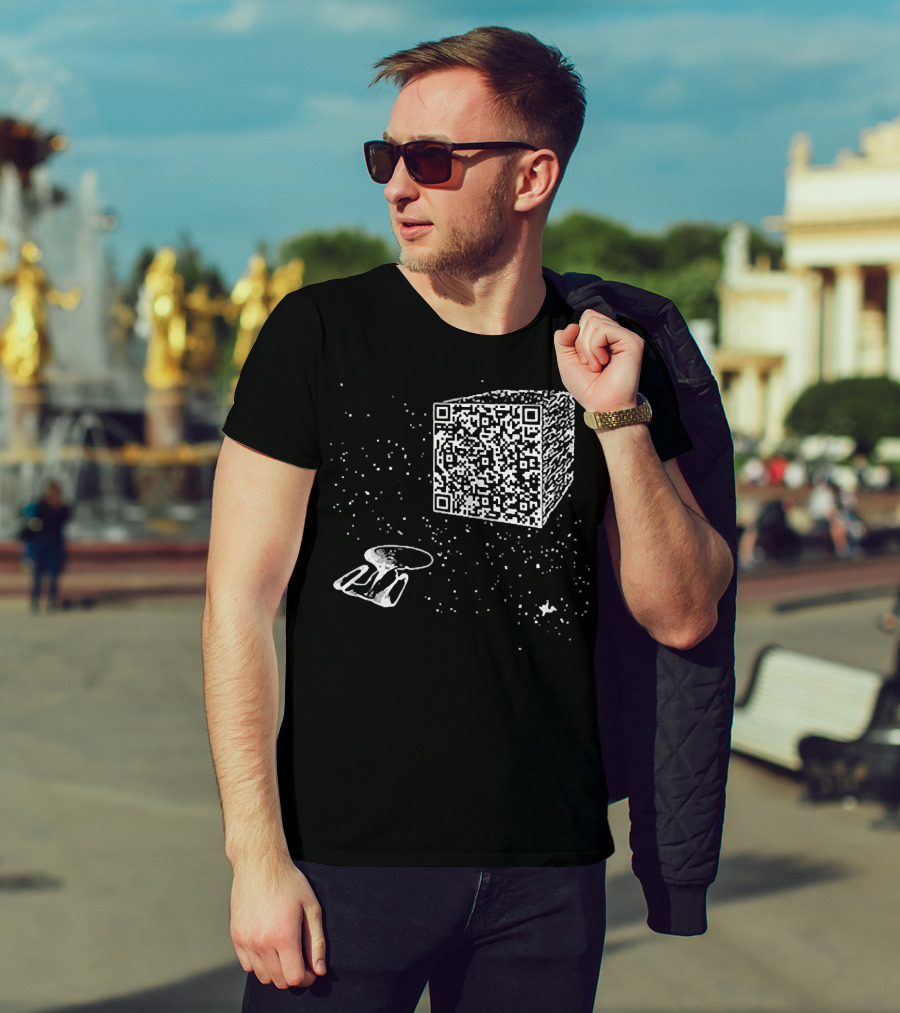 Scan QR Code Spaceship And Cube In Space T-Shirt