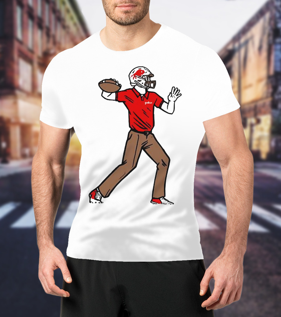 Jake From Buffalo Football Player Throwing Pass Brown Pants Red Shirt Helmet T-Shirt