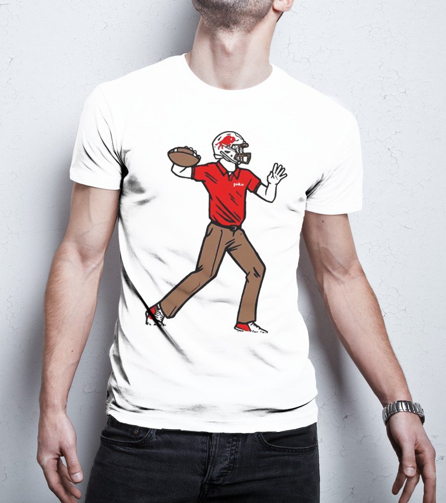 Jake From Buffalo Football Player Throwing Pass Brown Pants Red Shirt Helmet T-Shirt