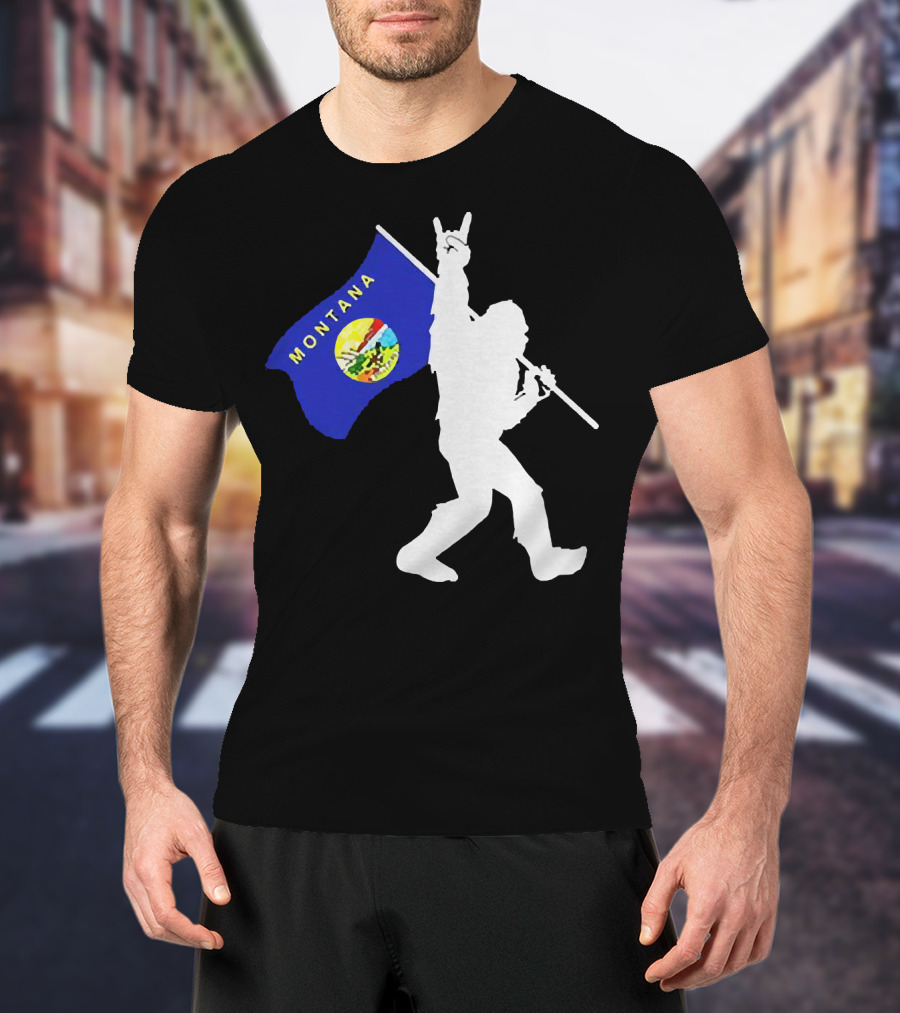 Bigfoot Holding Montana State Flag Middle Finger Gesture T-Shirt