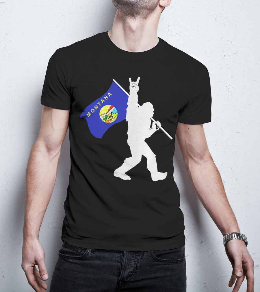 Bigfoot Holding Montana State Flag Middle Finger Gesture T-Shirt