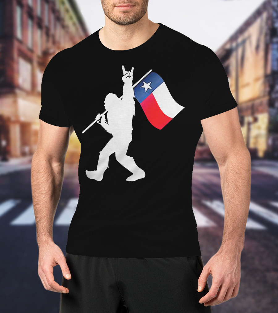 Bigfoot Holding Texas Flag Rock And Roll Salute T-Shirt