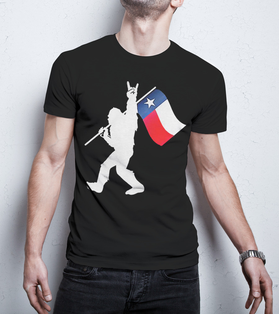 Bigfoot Holding Texas Flag Rock And Roll Salute T-Shirt