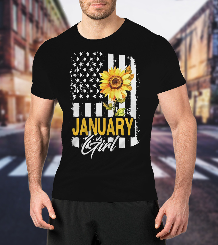 Sunflowers January Girl American Flag T-Shirt