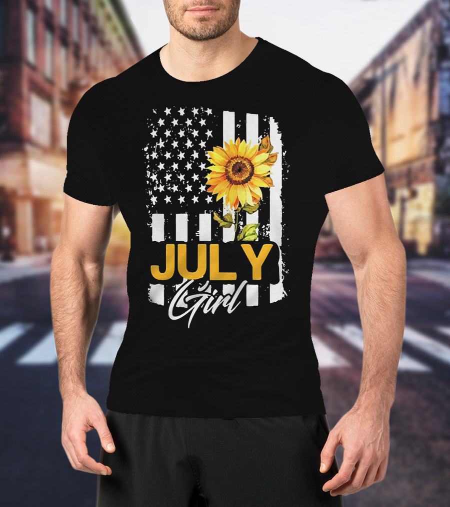 July Girl Sunflower American Flag T-Shirt
