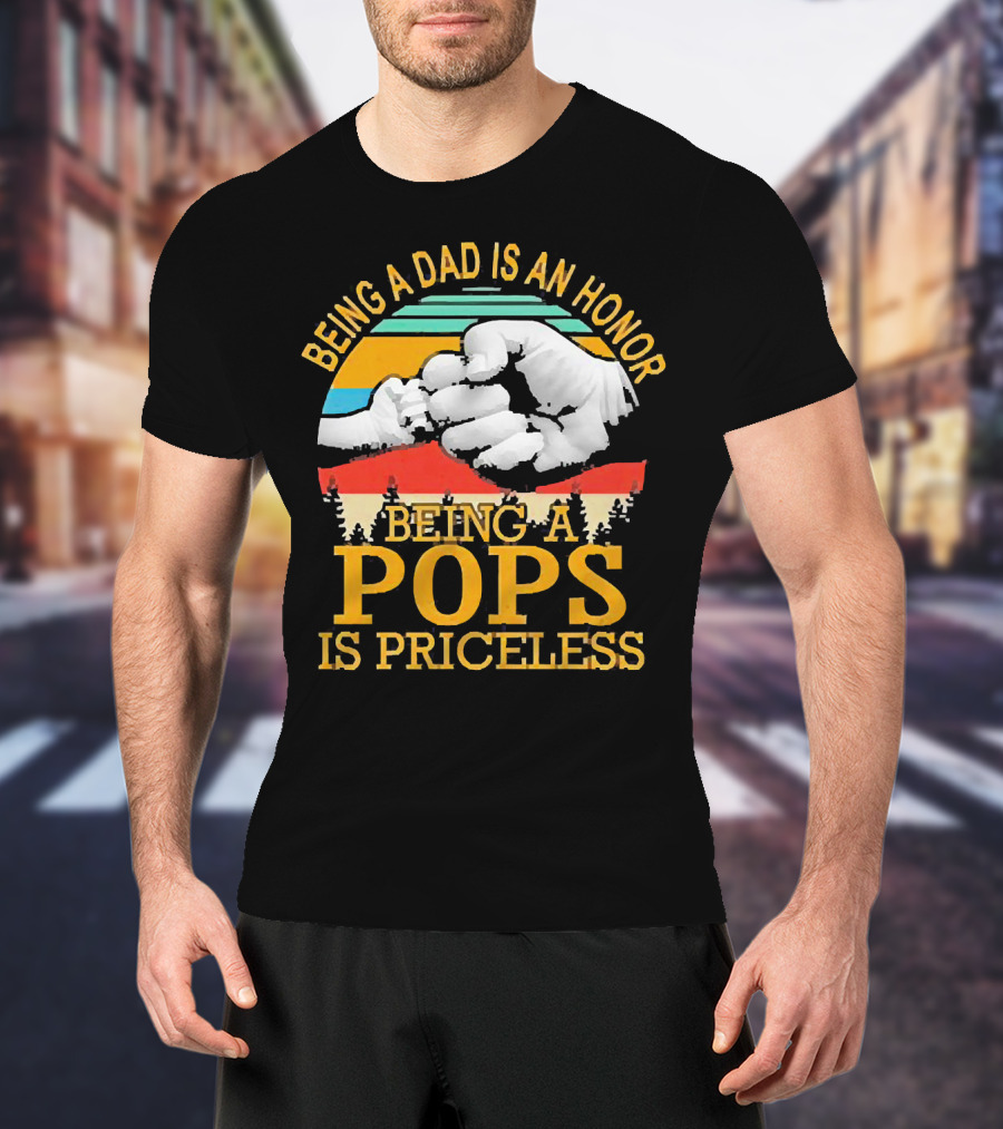 Being A Dad Is An Honor Being A Pops Is Priceless Forest Fist Bump Retro Stripes T-Shirt