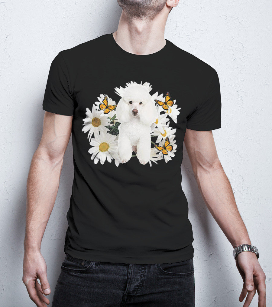 French Poodle Daisy With Butterflies And Flowers T-Shirt