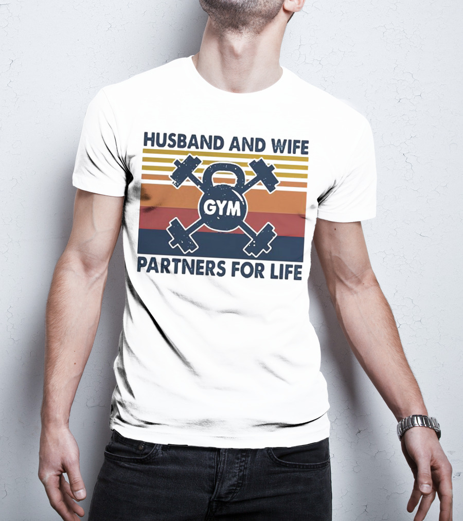 Husband And Wife Gym Partners For Life Kettlebell And Dumbbells Vintage Stripes T-Shirt