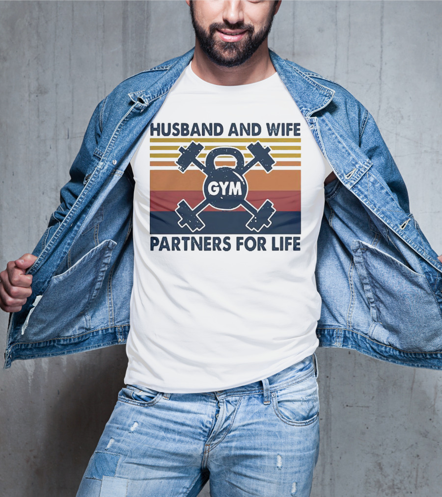 Husband And Wife Gym Partners For Life Kettlebell And Dumbbells Vintage Stripes T-Shirt