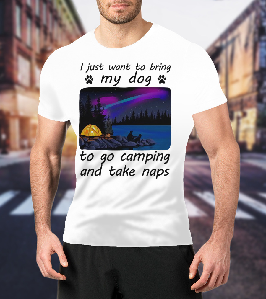 I Just Want To Bring My Dog To Go Camping And Take Naps With Aurora Borealis And Tent By Lake T-Shirt