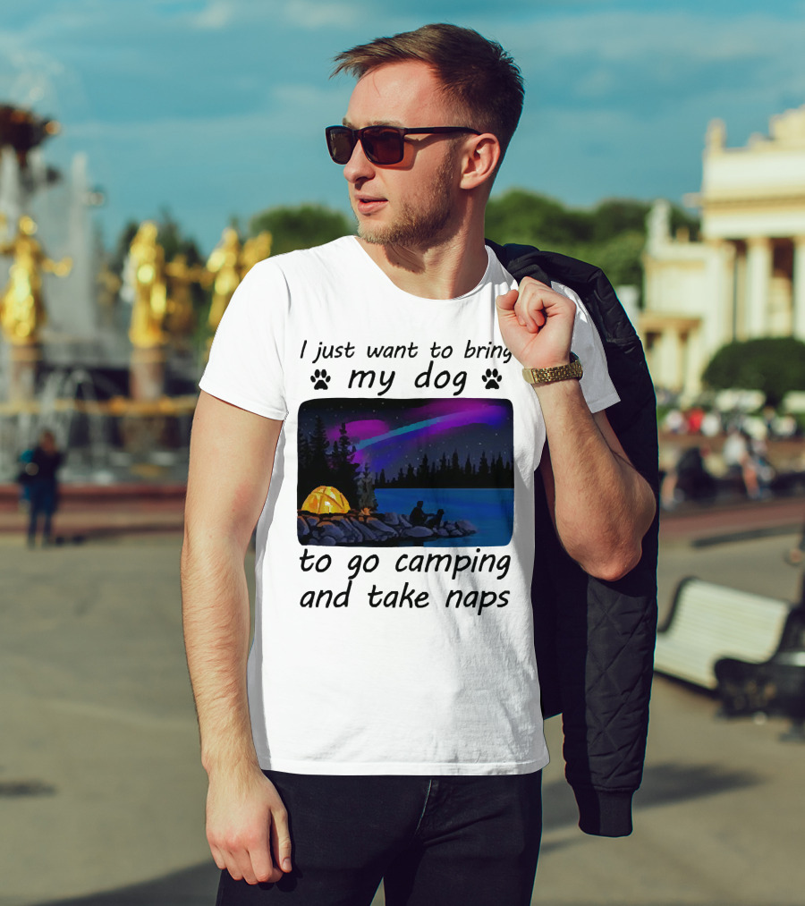 I Just Want To Bring My Dog To Go Camping And Take Naps With Aurora Borealis And Tent By Lake T-Shirt