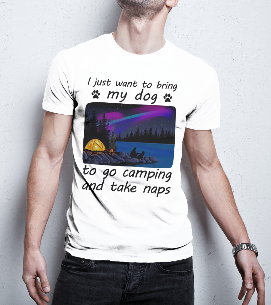 I Just Want To Bring My Dog To Go Camping And Take Naps With Aurora Borealis And Tent By Lake T-Shirt