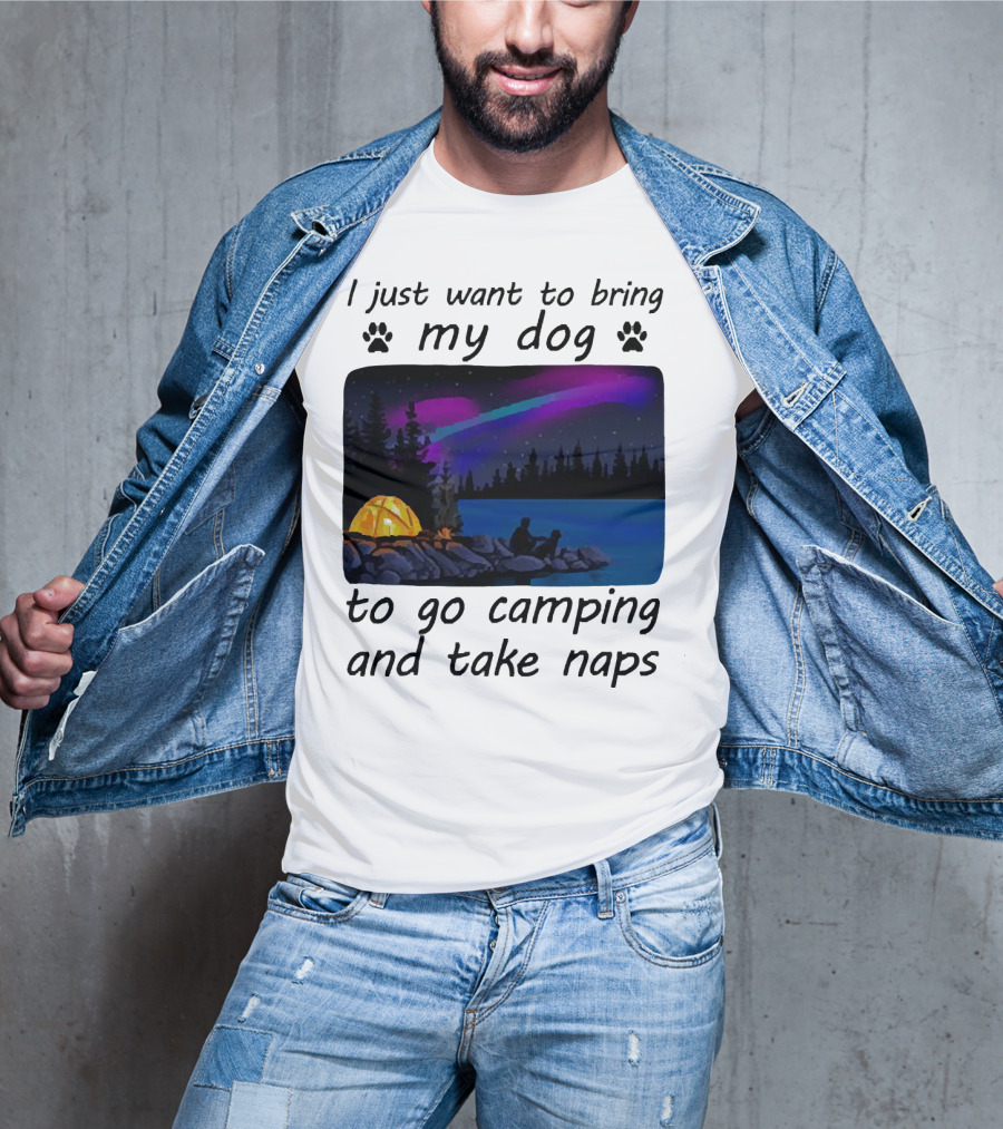 I Just Want To Bring My Dog To Go Camping And Take Naps With Aurora Borealis And Tent By Lake T-Shirt