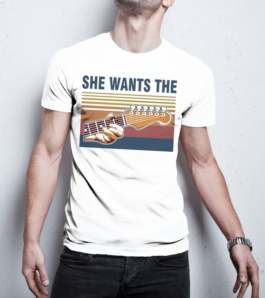 SHE WANTS THE GUITAR Retro Stripes Hand Playing Strings T-Shirt
