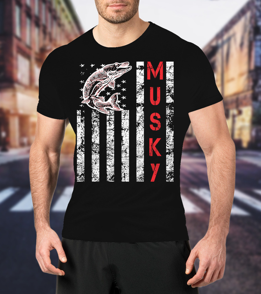 Musky Fishing Distressed Flag With Musky Catch And Stars T-Shirt