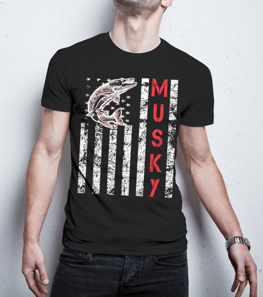 Musky Fishing Distressed Flag With Musky Catch And Stars T-Shirt