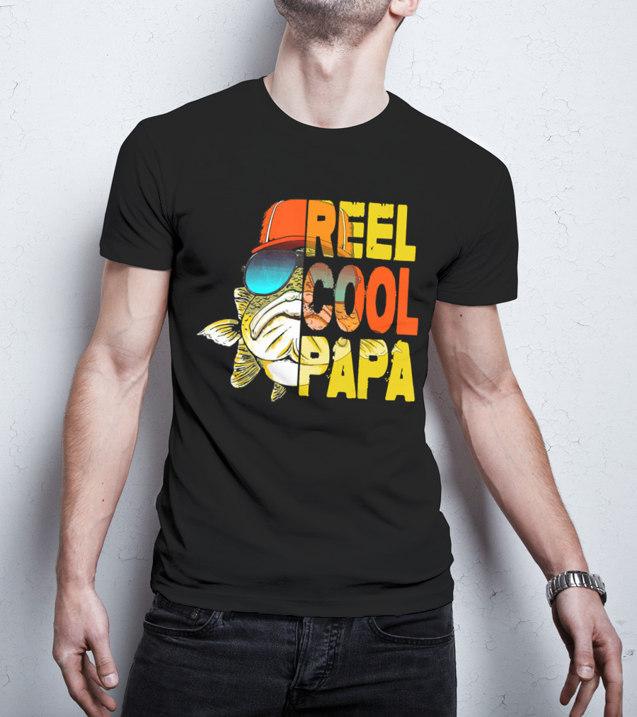 Fathers Day Fishing Reel Cool Papa Fish Wearing Hat Sunglasses T-Shirt