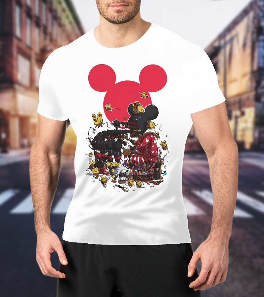 Mickey Mouse Red Circle Artist Scene With Small Characters T-Shirt