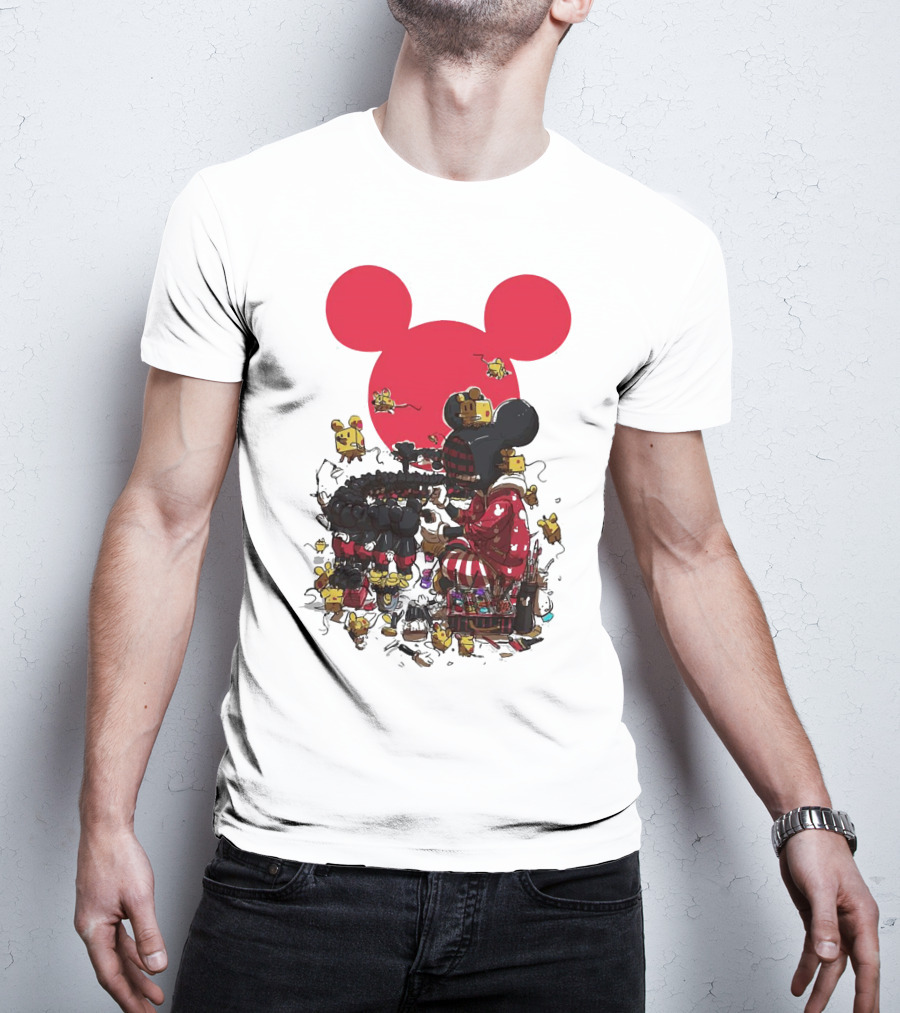Mickey Mouse Red Circle Artist Scene With Small Characters T-Shirt