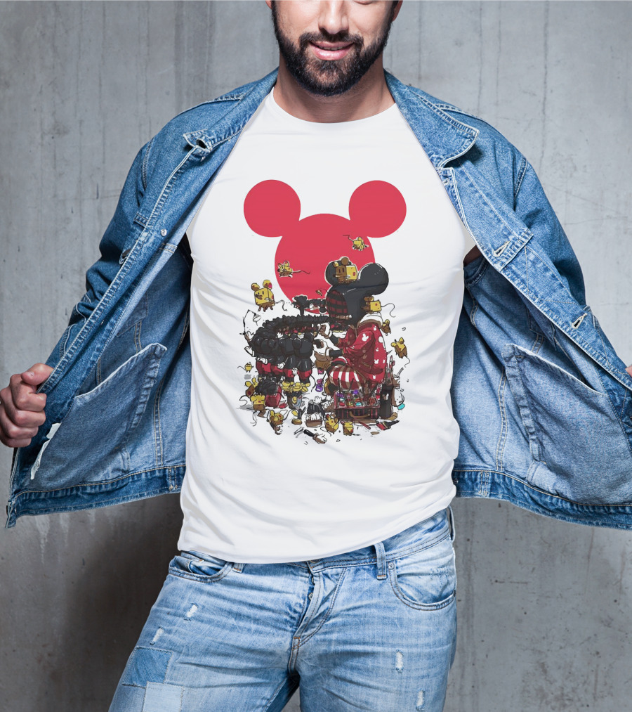 Mickey Mouse Red Circle Artist Scene With Small Characters T-Shirt