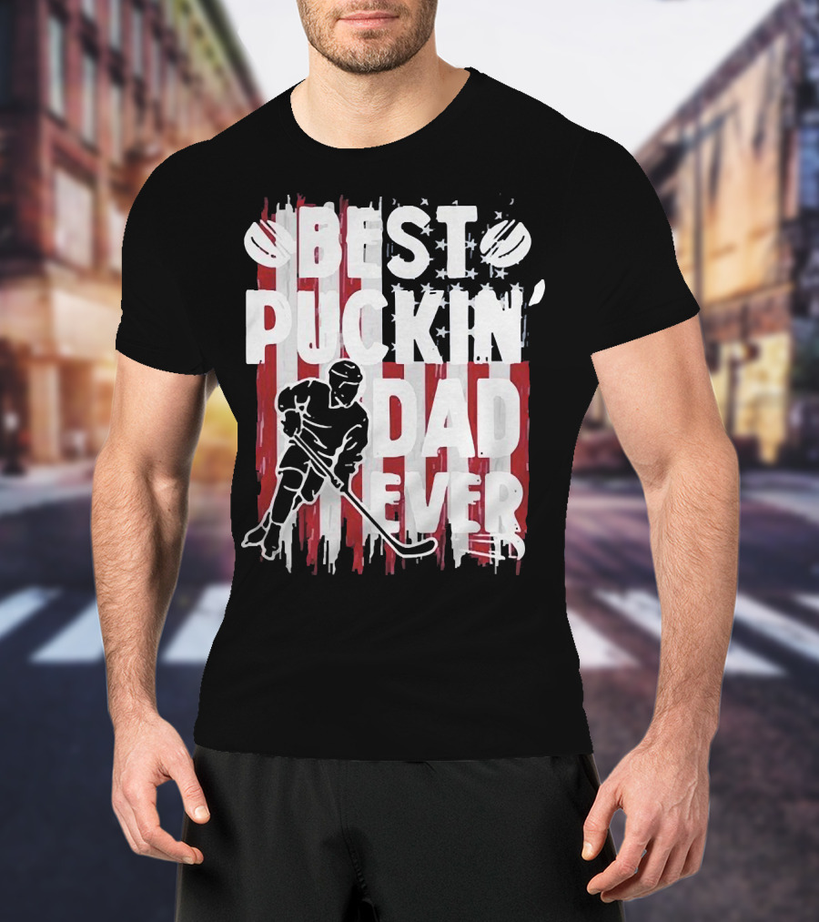 Best Puckin Dad Ever Hockey American Flag Player T-Shirt