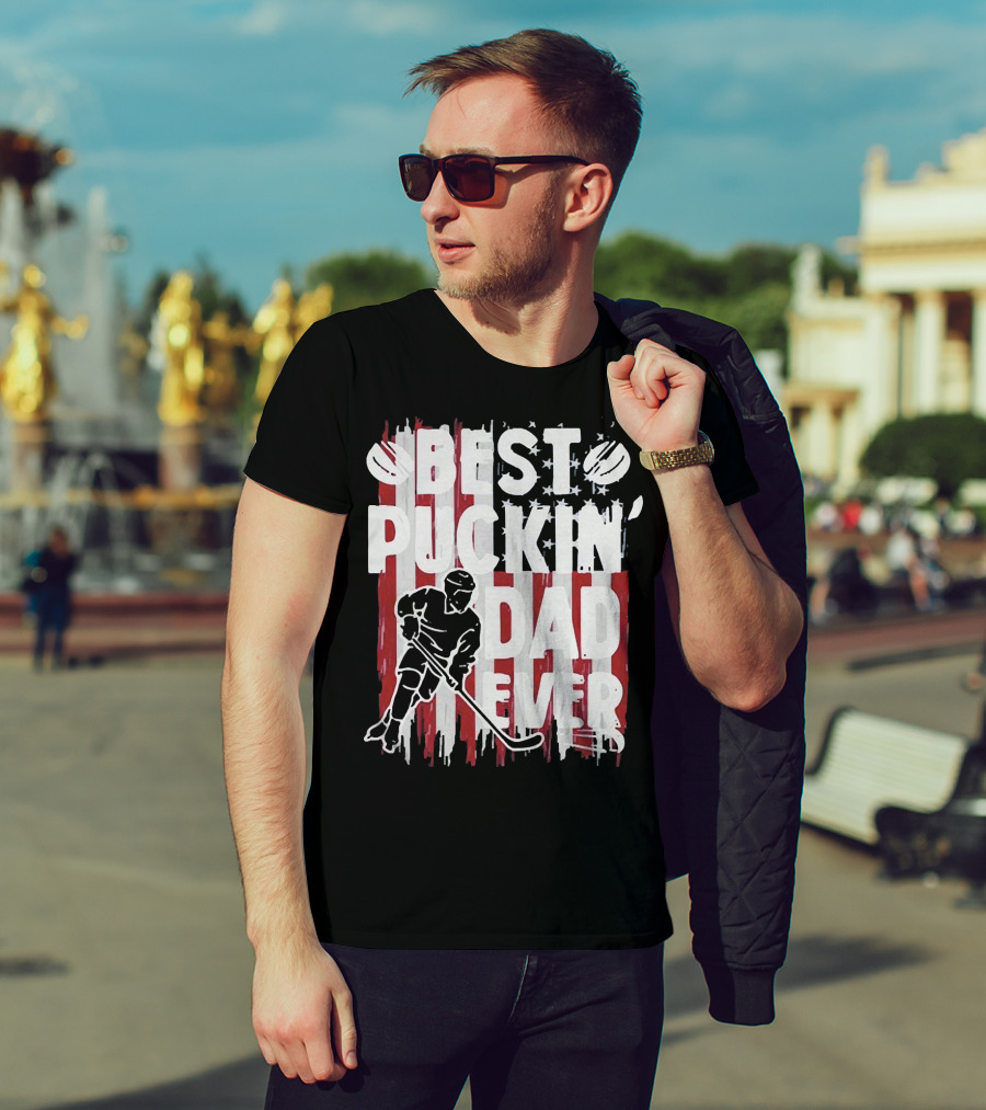 Best Puckin Dad Ever Hockey American Flag Player T-Shirt
