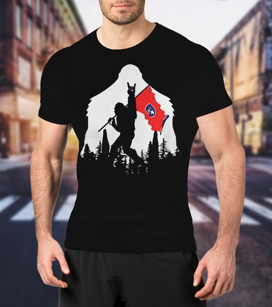 Bigfoot Silhouette With Rock And Roll Pose Holding Tennessee Flag In Forest T-Shirt