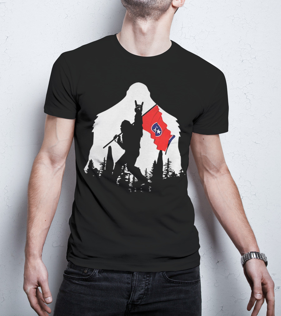 Bigfoot Silhouette With Rock And Roll Pose Holding Tennessee Flag In Forest T-Shirt
