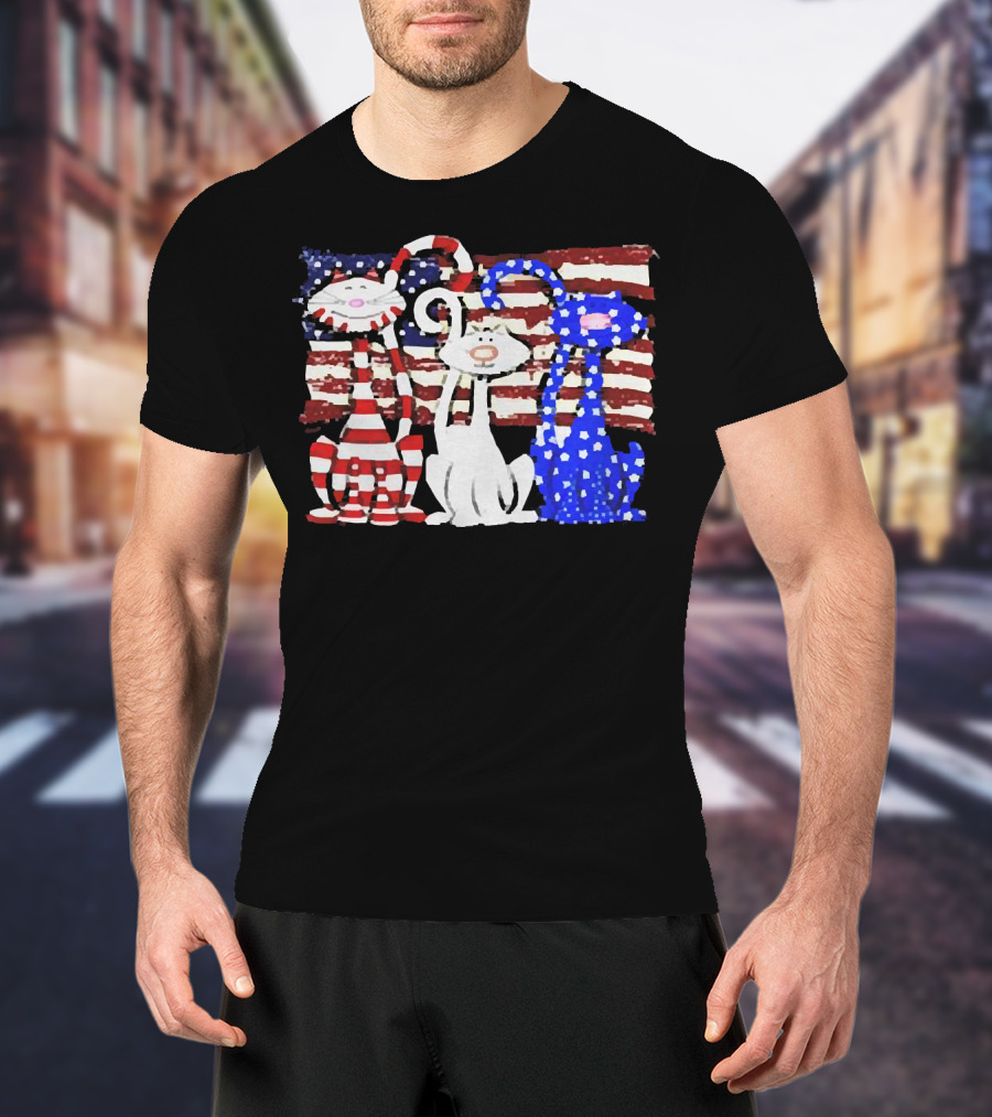 Cats With American Flag Stripes Stars Independence Day Veteran U.S T-Shirt