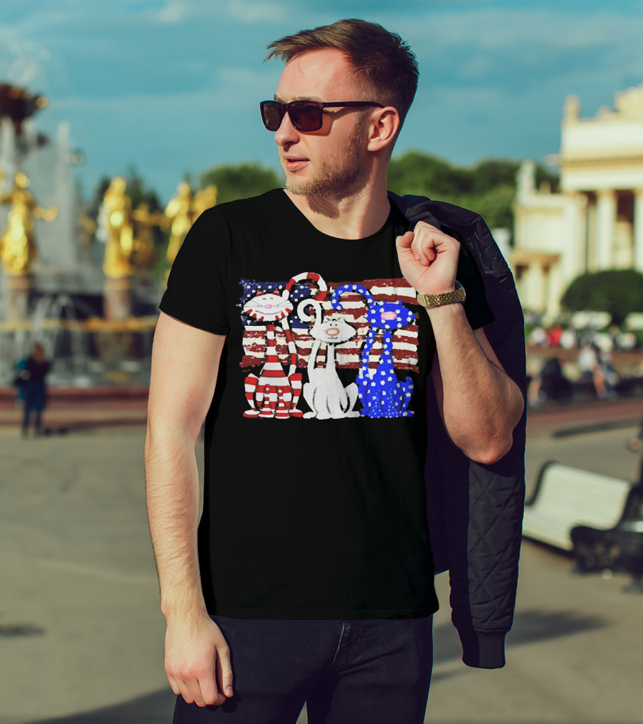 Cats With American Flag Stripes Stars Independence Day Veteran U.S T-Shirt