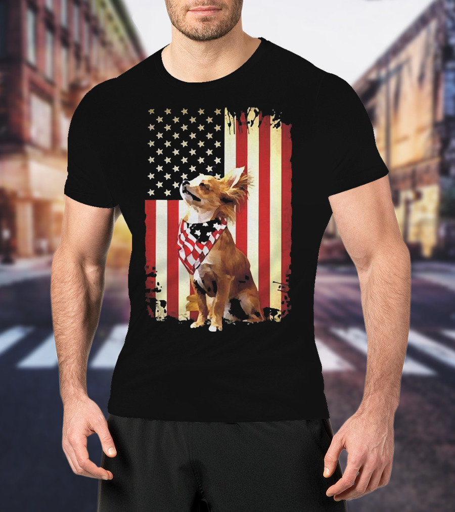 Patriotic Chihuahua With American Flag Background T-Shirt
